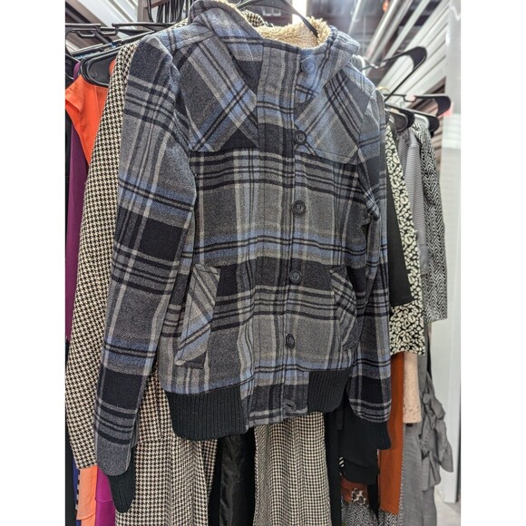 aeropostale Size Small Blue Plaid Flannel Bomber Wool Blend Coat With Hood - Picture 5 of 9
